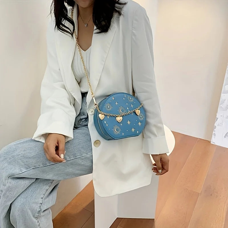 Mini Embroidered Round Bag, Chain Heart Decor Crossbody Bag, Star Moon Pattern Circle Purse Valentine's Day gift