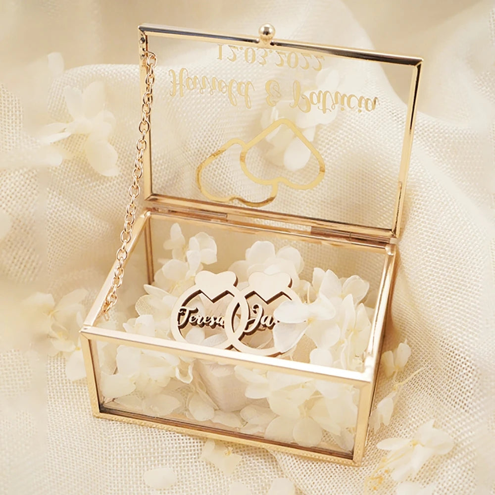Personalized Rectangle Glass Jewelry Box, Wedding Ring Box, Double Slot, Valentine's Day, Proposal, Engagement, Gift
