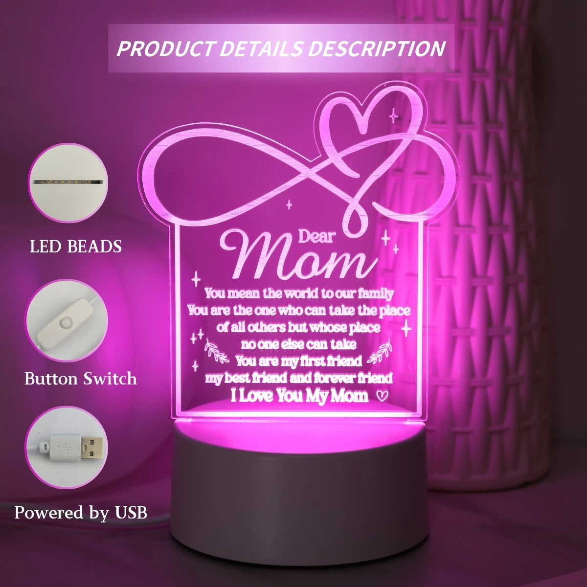 USB powered Love Mom Night Light, the ideal gift for mothers on birthdays, Christmas, Mother's Day, and Thanksgiving!