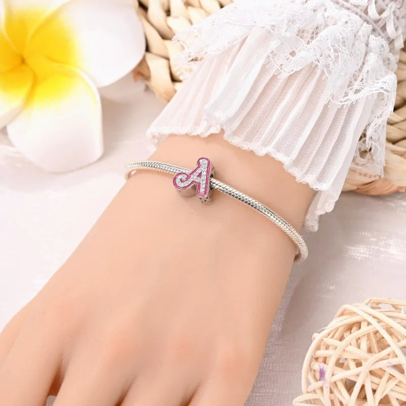 Hot Sale 925 Sterling Silver Pink 26 Letters Valentine's Day Gift Beads Suitable For Pan 925 Original Bracelet Diy Birthday