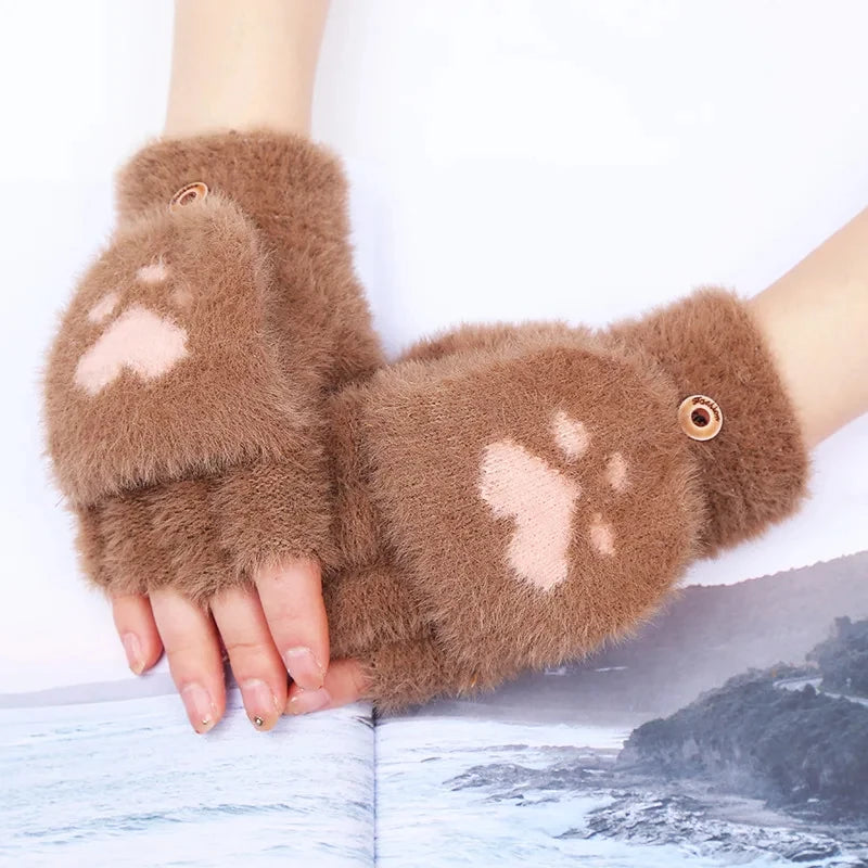 Women Plush Warm Glove Fur Lovely Rabbit Cat Mittens Flip Fingerless Gloves Soft Girls Thick Gloves Flexible Half Finger Winter