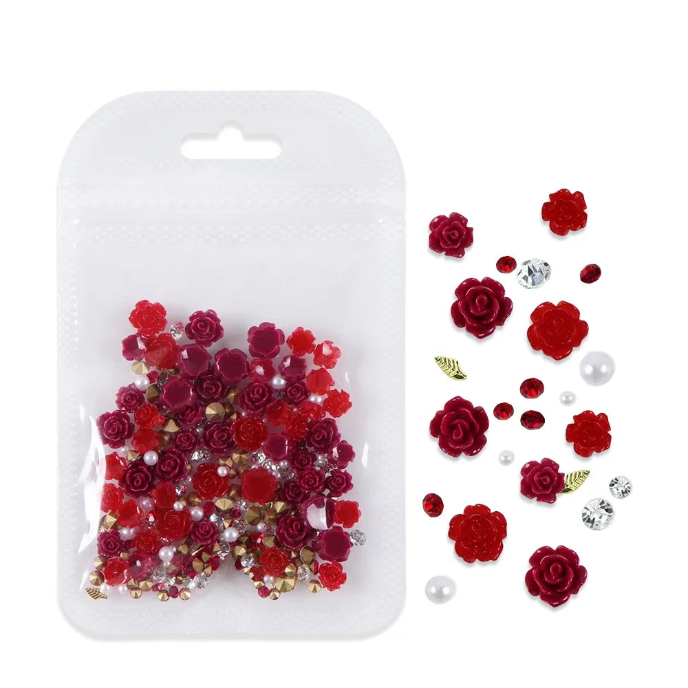 Red Camellia Flower Resin Filling Accessories Shiny Diamond With Pearl Beads Metal Leaf Valentine's Day Gifts DIY Jewelry Making