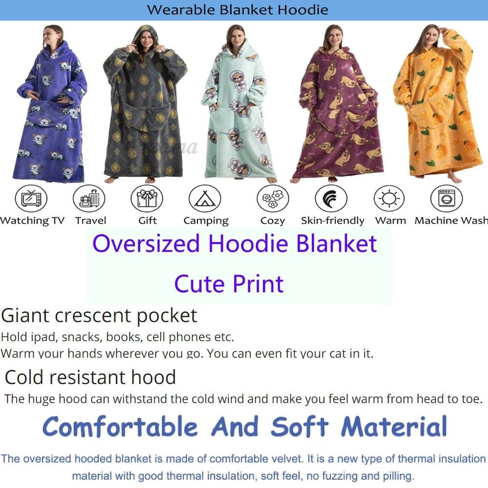 Oversize Winter Sherpa Blanket Plush Polar Fleece Family Matching Hoodie Girl Sweatshirt Homewear Avocado Animal Print Outwear