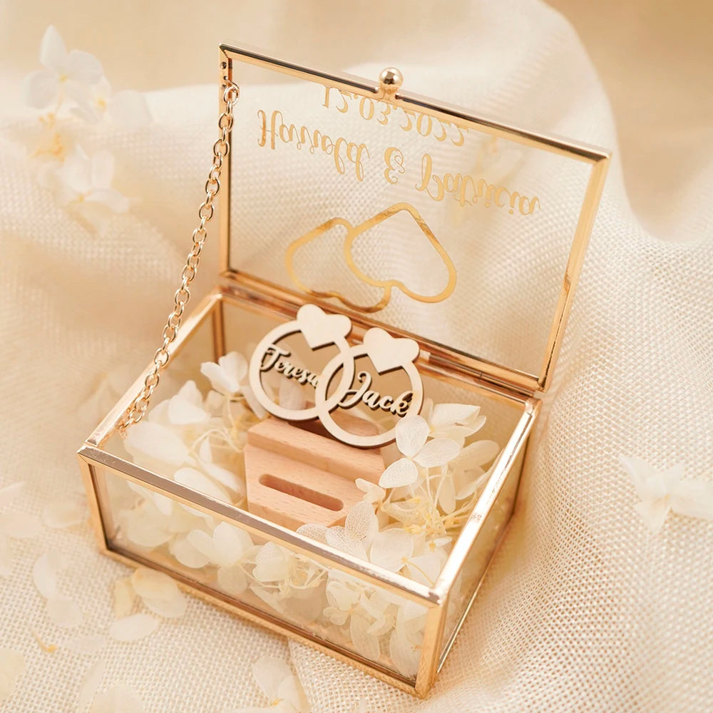 Personalized Rectangle Glass Jewelry Box, Wedding Ring Box, Double Slot, Valentine's Day, Proposal, Engagement, Gift