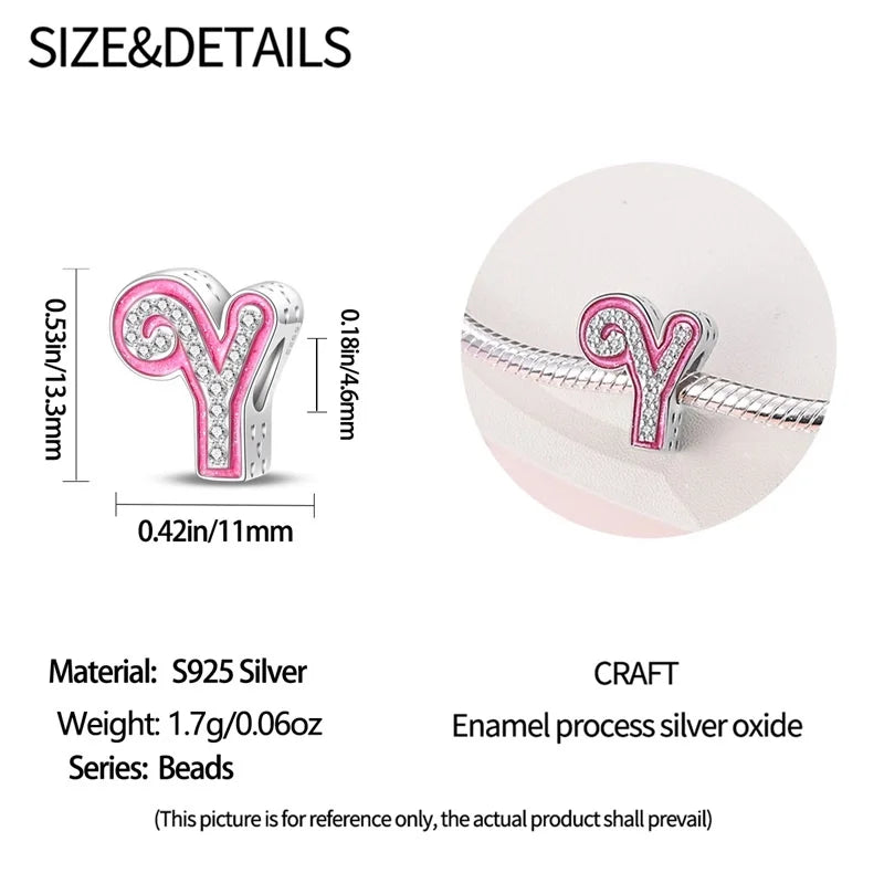 Hot Sale 925 Sterling Silver Pink 26 Letters Valentine's Day Gift Beads Suitable For Pan 925 Original Bracelet Diy Birthday