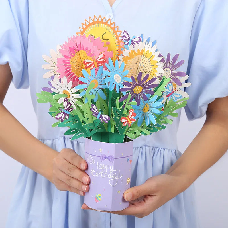 Premium 3D Pop Up Flower Bouquet Card Mothers Day Gift Valentines Day Anniversary Birthday Greeting Cards Thank You Wishes Gifts