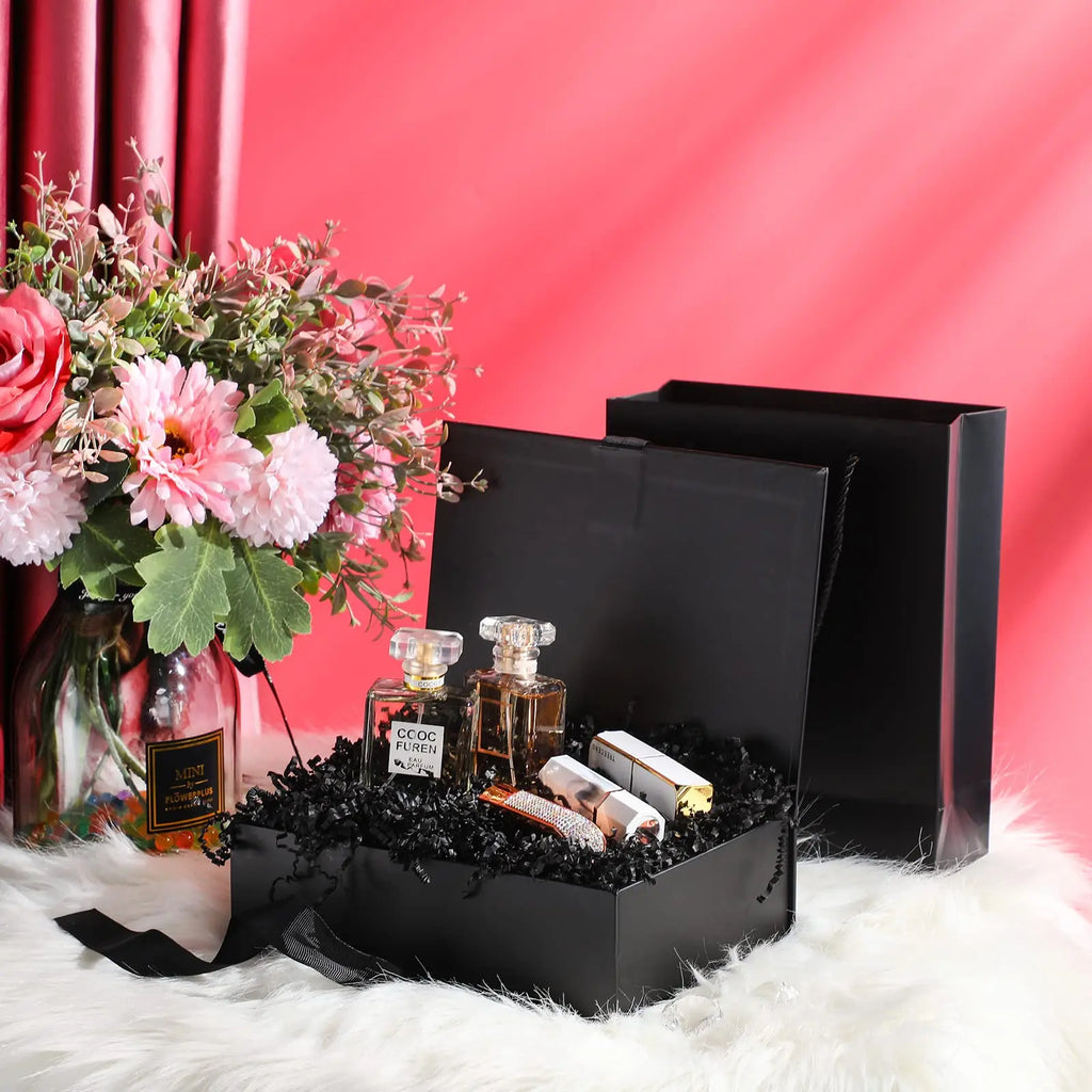 3pcs Black Magnetic Gift Box with Lid Ribbons Paper Bags Shredded Paper Filler for Valentine's Day Presents Packaging Box