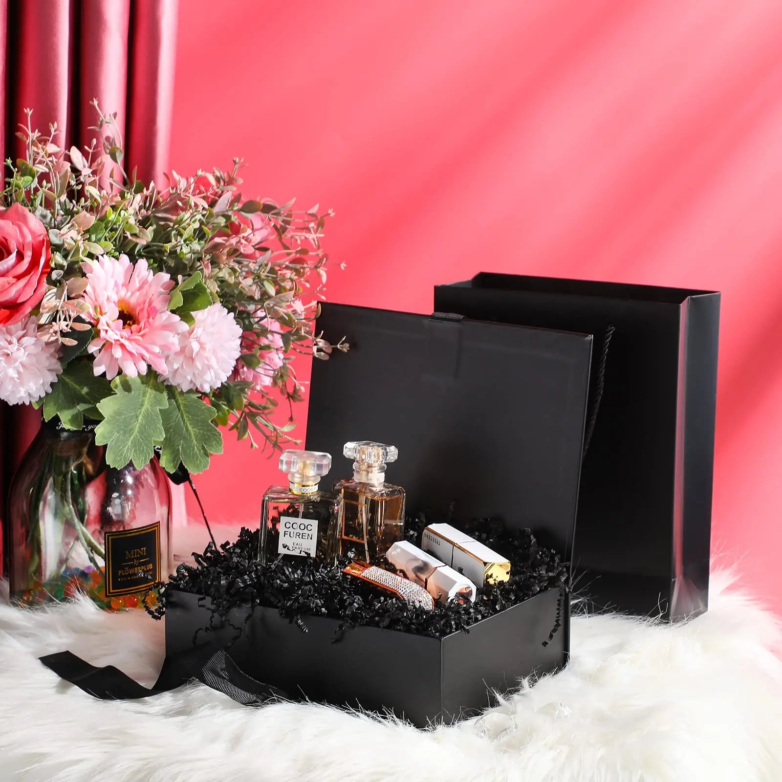 3pcs Black Magnetic Gift Box with Lid Ribbons Paper Bags Shredded Paper Filler for Valentine's Day Presents Packaging Box