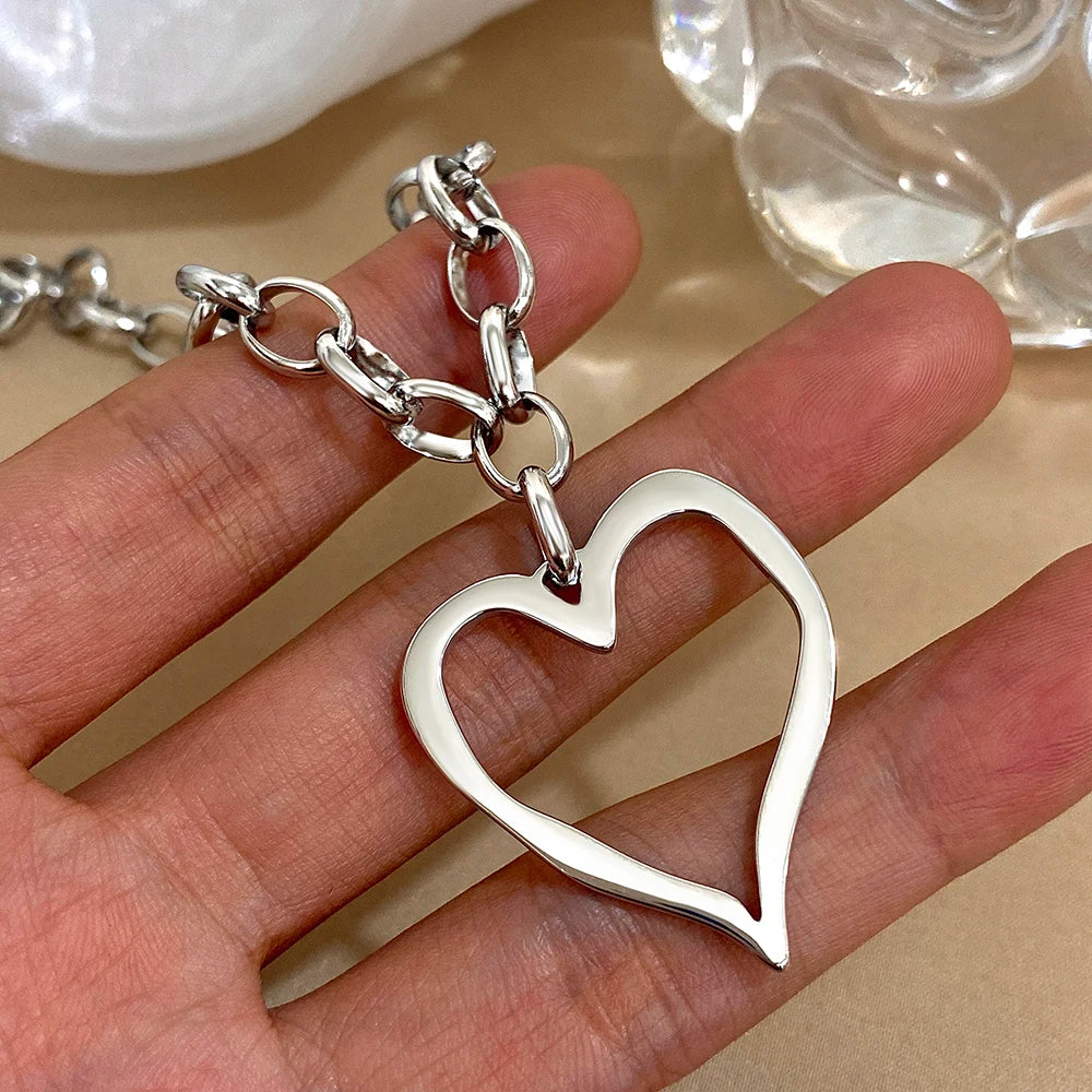 316L Stainless Steel Gold Silver Color Necklace for Women Glossy Punk Big Hollow Heart Pendant Necklaces Valentine's Day Gifts