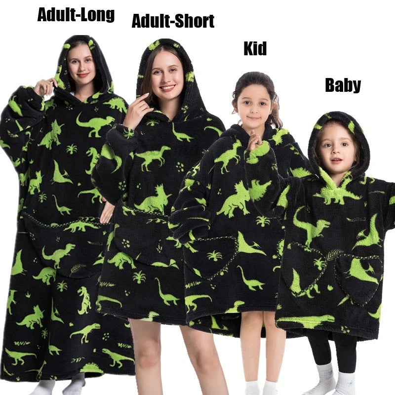 Oversize Winter Sherpa Blanket Plush Polar Fleece Family Matching Hoodie Girl Sweatshirt Homewear Avocado Animal Print Outwear