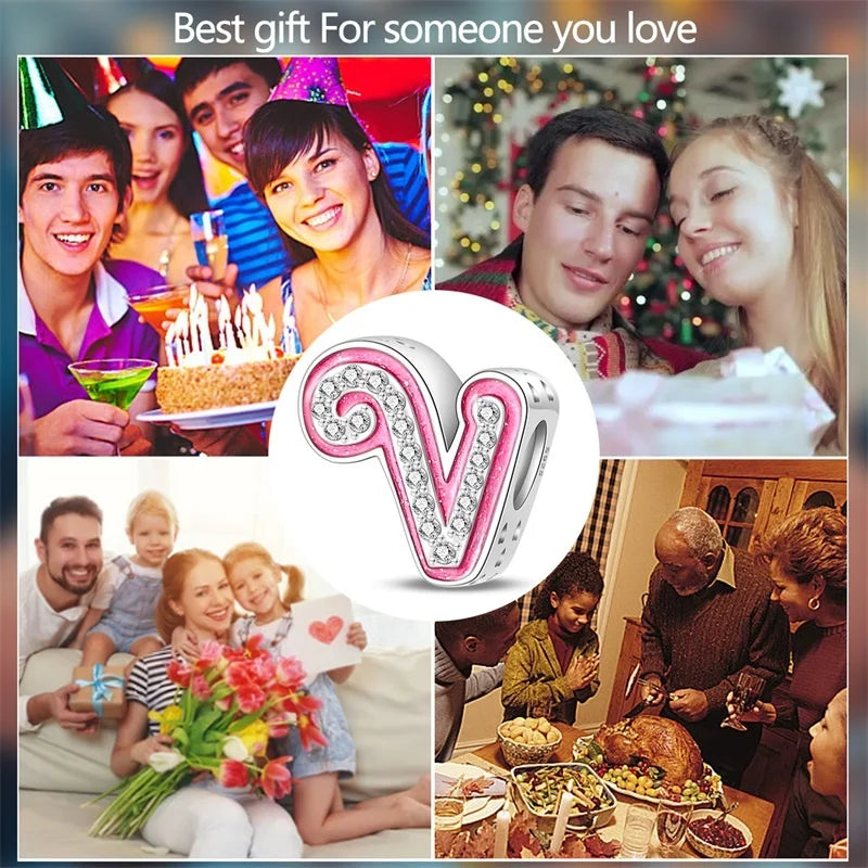 Hot Sale 925 Sterling Silver Pink 26 Letters Valentine's Day Gift Beads Suitable For Pan 925 Original Bracelet Diy Birthday