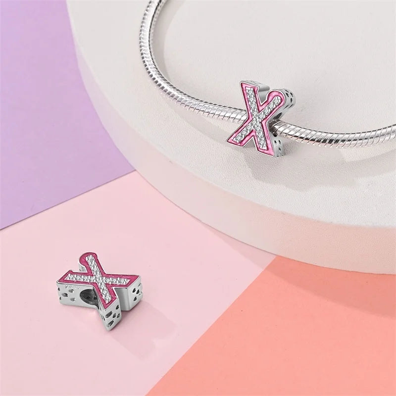 Hot Sale 925 Sterling Silver Pink 26 Letters Valentine's Day Gift Beads Suitable For Pan 925 Original Bracelet Diy Birthday