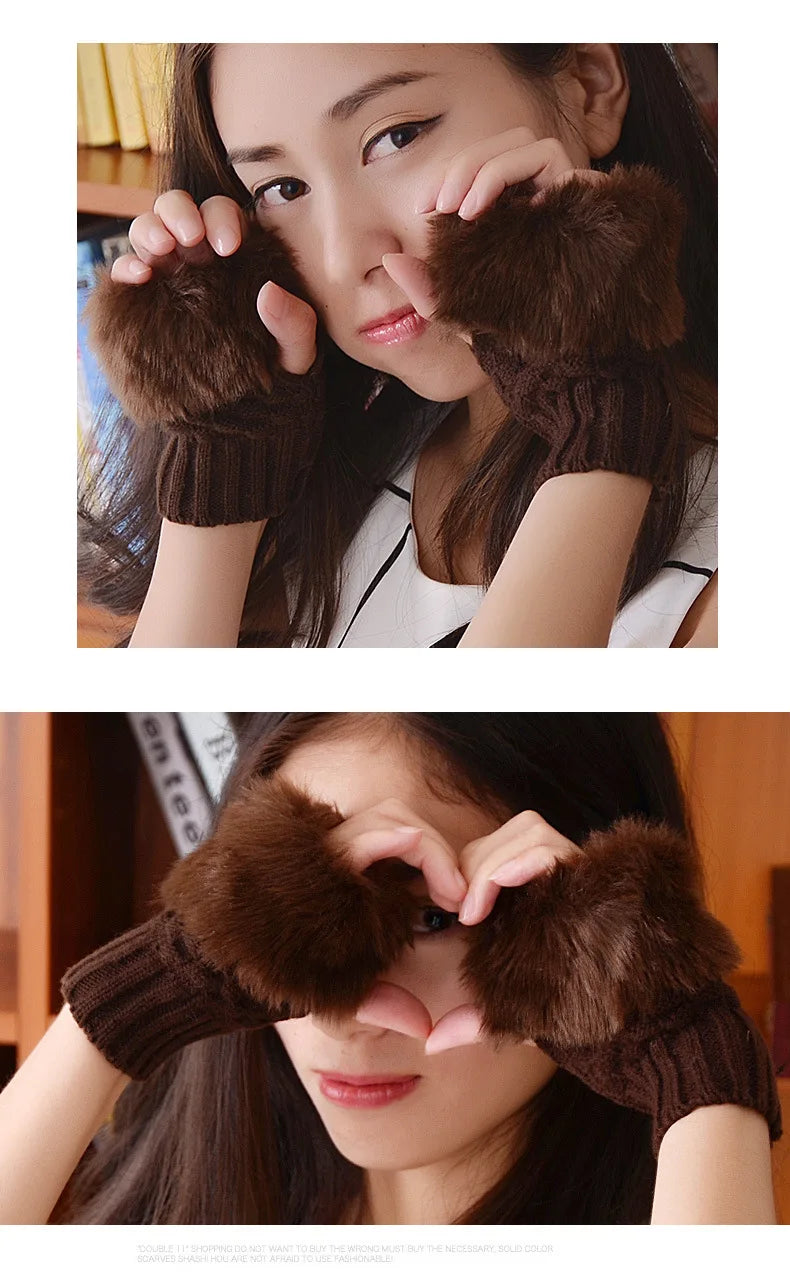 Women Autumn Winter Keep Warm Plush Knitted Woolen Splicing Half Finger Gloves Cute Lovely Sweety Smooth Soft Writing Drive
