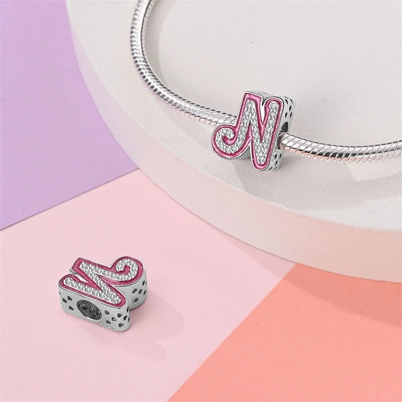Hot Sale 925 Sterling Silver Pink 26 Letters Valentine's Day Gift Beads Suitable For Pan 925 Original Bracelet Diy Birthday