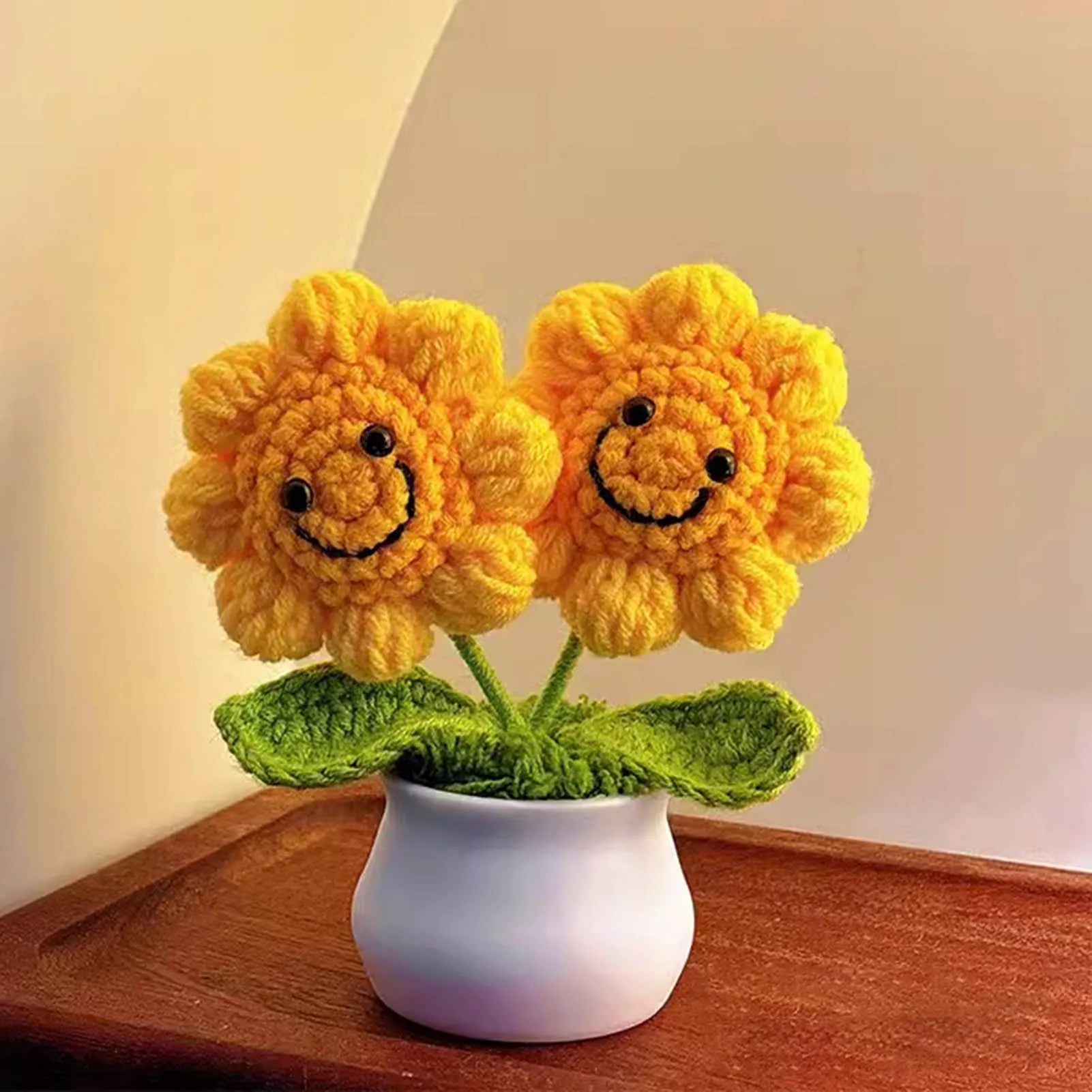 Handmade Crochet Sunflower Bouquet Car Interior Decor Knitting Potted Flower Creative Craft Birthday Gift for Women Kids