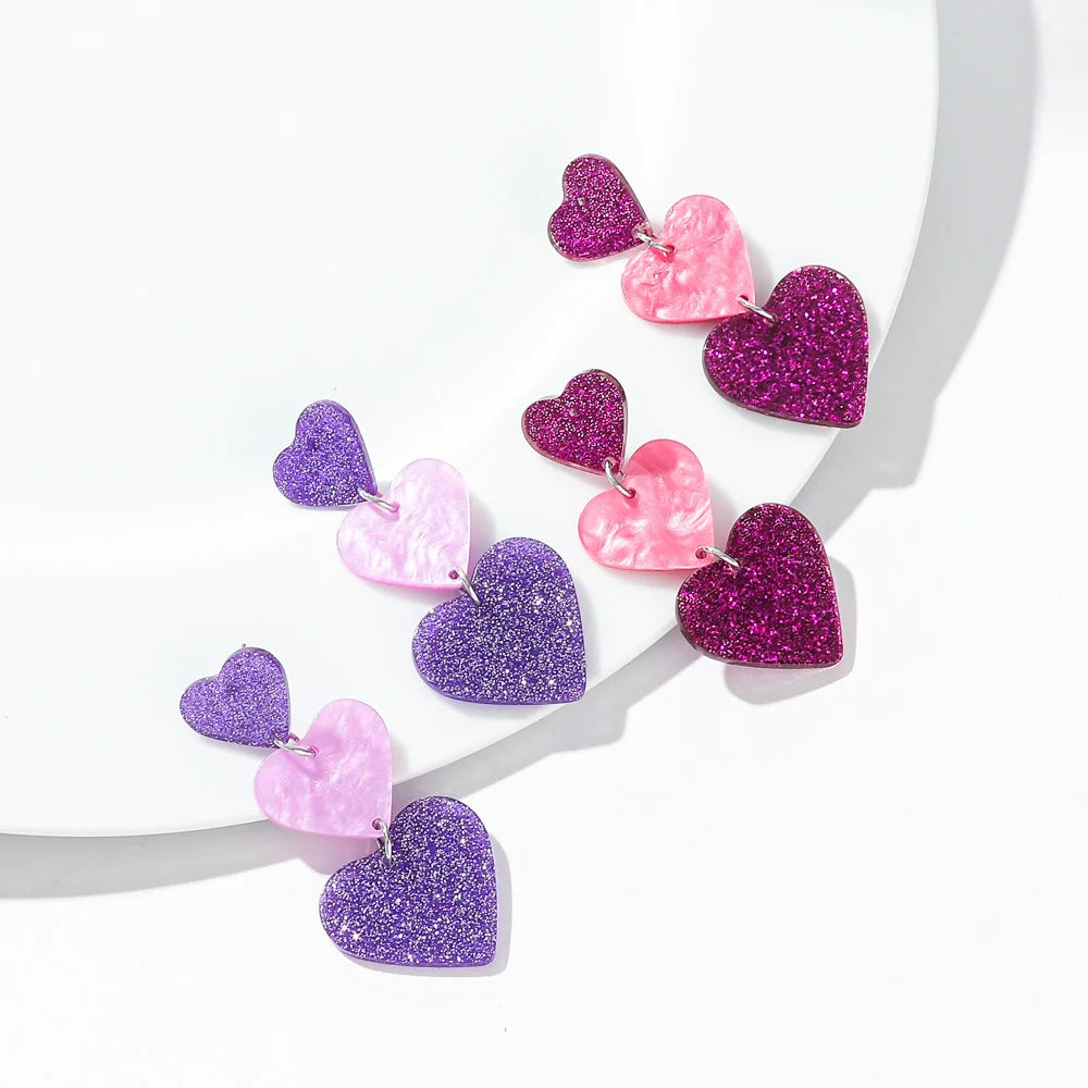 New Glitter Love Heart Acrylic Splicing Earrings Women Sweet Statement Peach Drop Earring Romantic Jewelry Valentine's Day Gifts