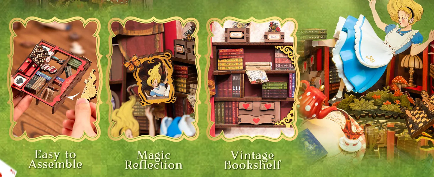 Robotime Rolife Book Nook Kits Fall into Wonder DIY Booknook with Lights Miniature House Kit 3D Wooden Puzzle Bookshelf Gift TGB