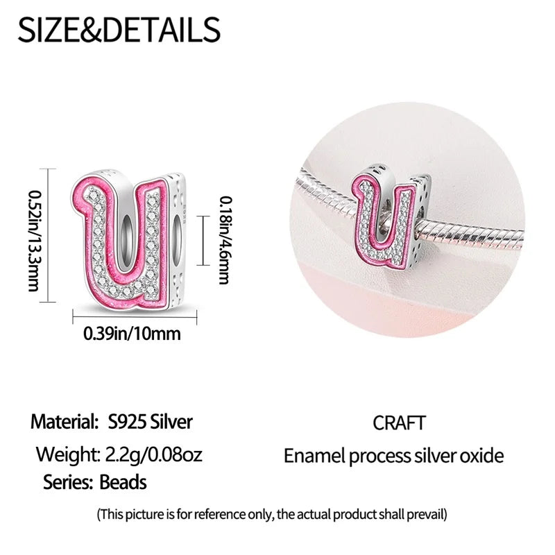Hot Sale 925 Sterling Silver Pink 26 Letters Valentine's Day Gift Beads Suitable For Pan 925 Original Bracelet Diy Birthday