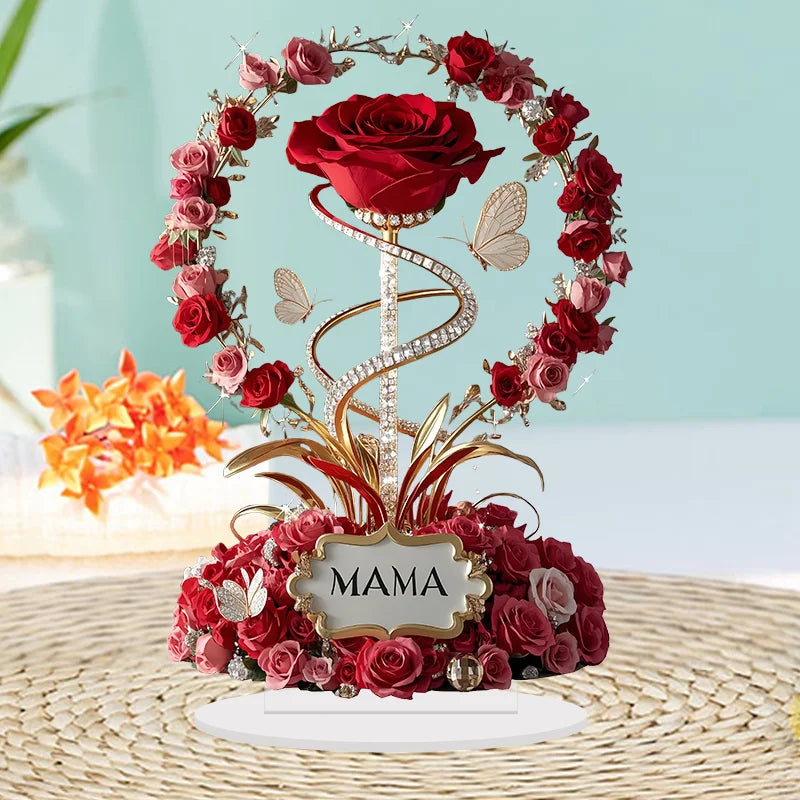 2D Acrylic Ornament Red Rose MOM Pattern Roses Mother Flat Elegant Desk Decora Filial Child to Mother Gifts