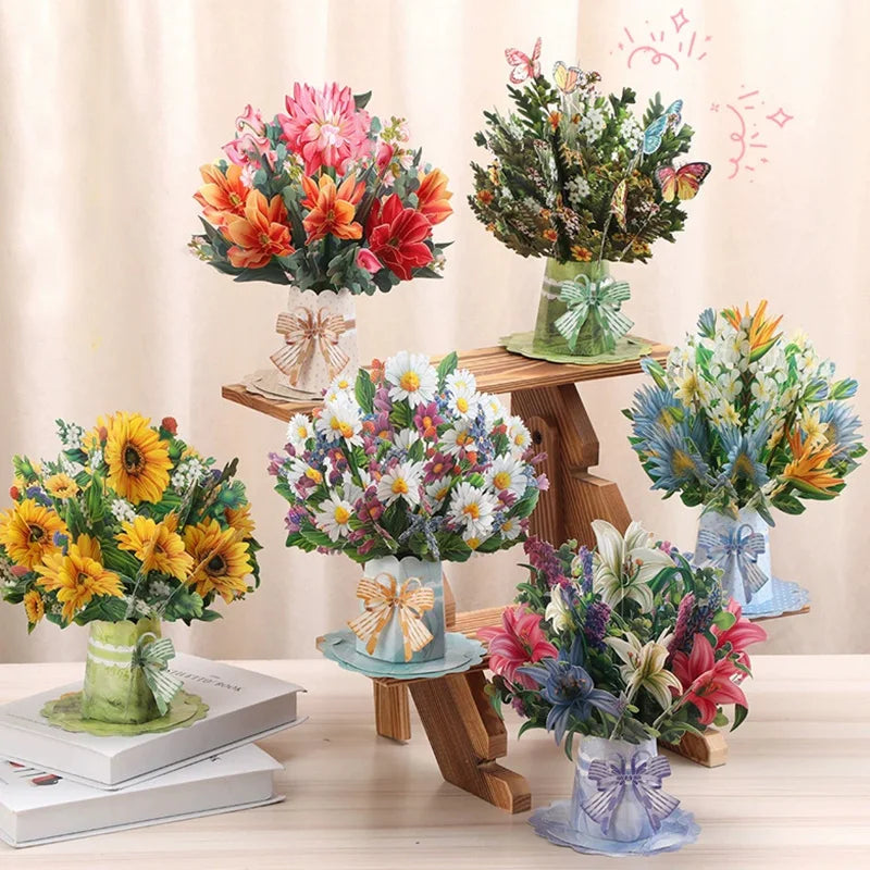 Premium 3D Pop Up Flower Bouquet Card Mothers Day Gift Valentines Day Anniversary Birthday Greeting Cards Thank You Wishes Gifts