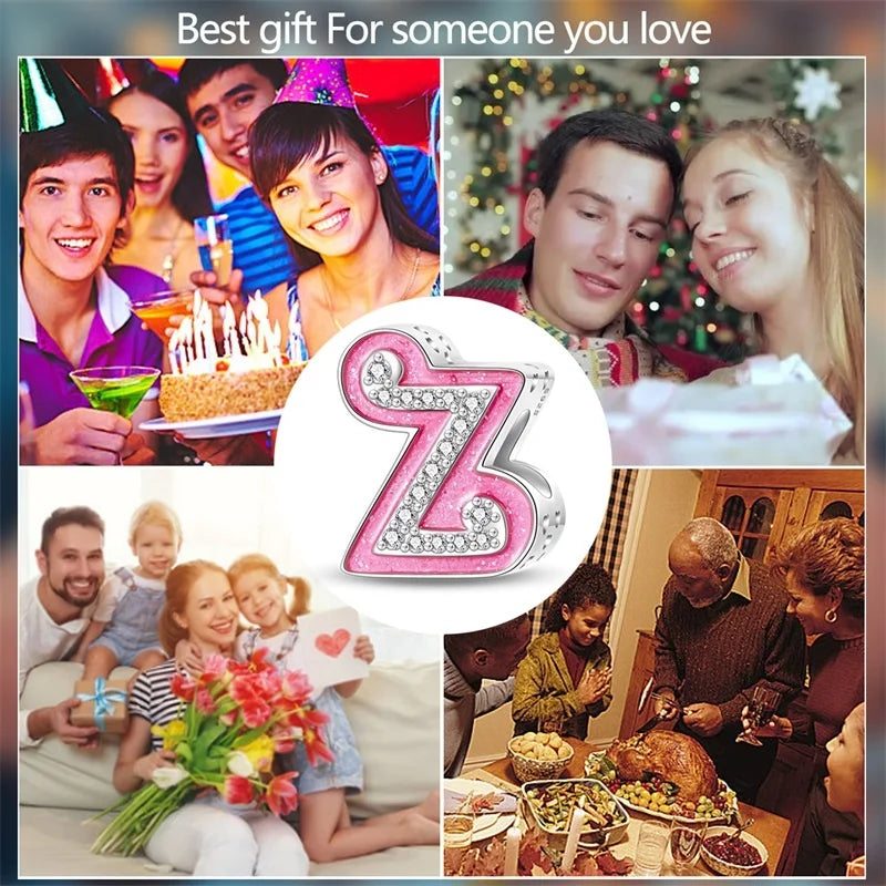 Hot Sale 925 Sterling Silver Pink 26 Letters Valentine's Day Gift Beads Suitable For Pan 925 Original Bracelet Diy Birthday