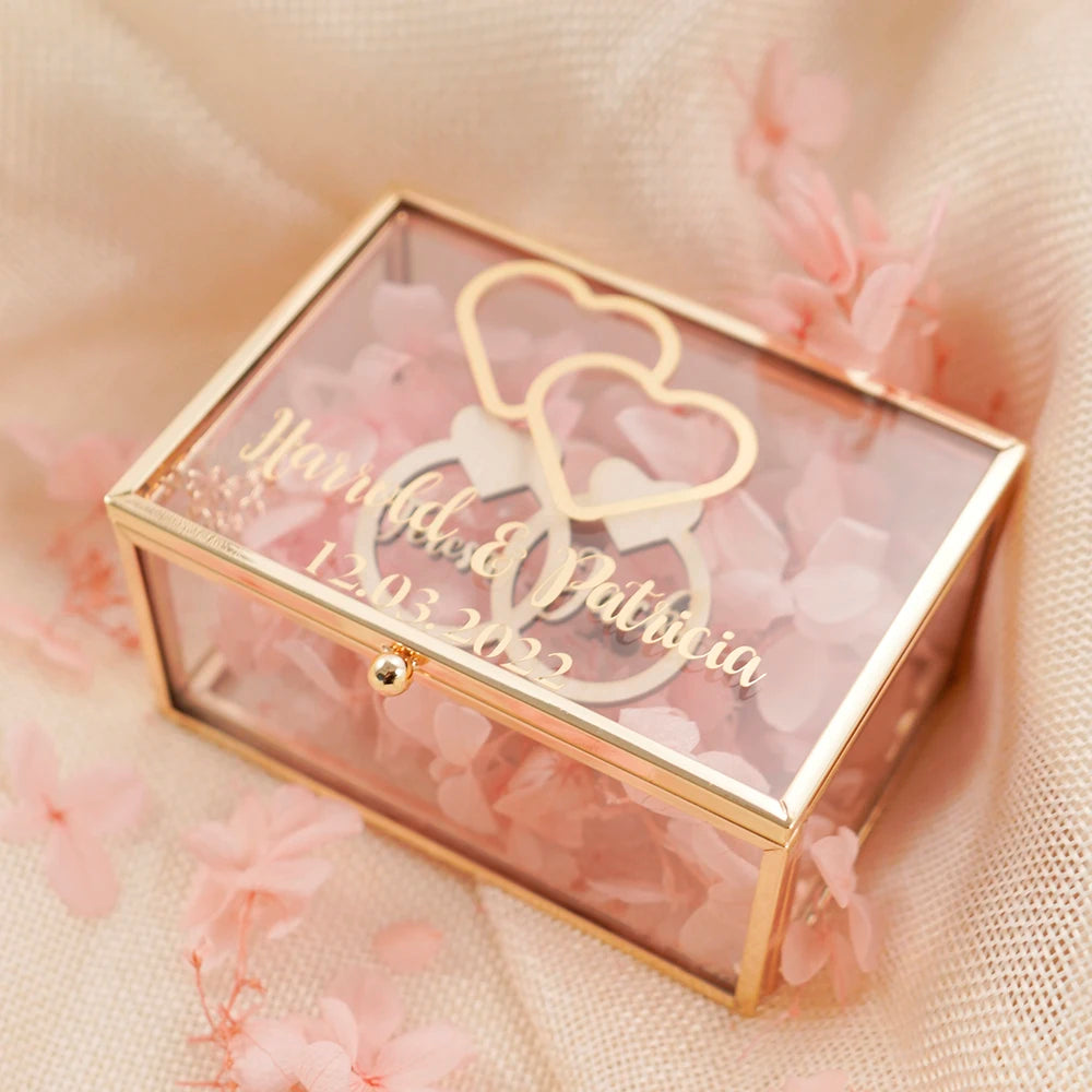 Personalized Rectangle Glass Jewelry Box, Wedding Ring Box, Double Slot, Valentine's Day, Proposal, Engagement, Gift