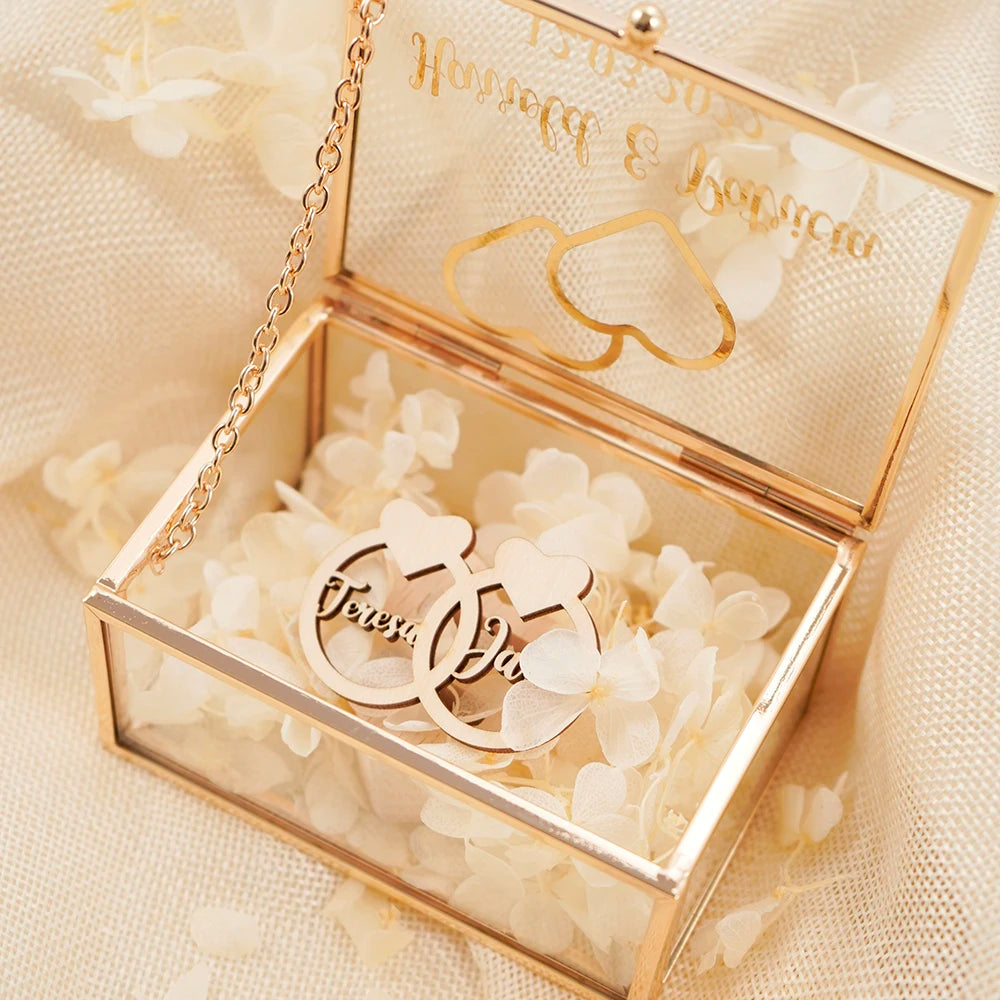 Personalized Rectangle Glass Jewelry Box, Wedding Ring Box, Double Slot, Valentine's Day, Proposal, Engagement, Gift