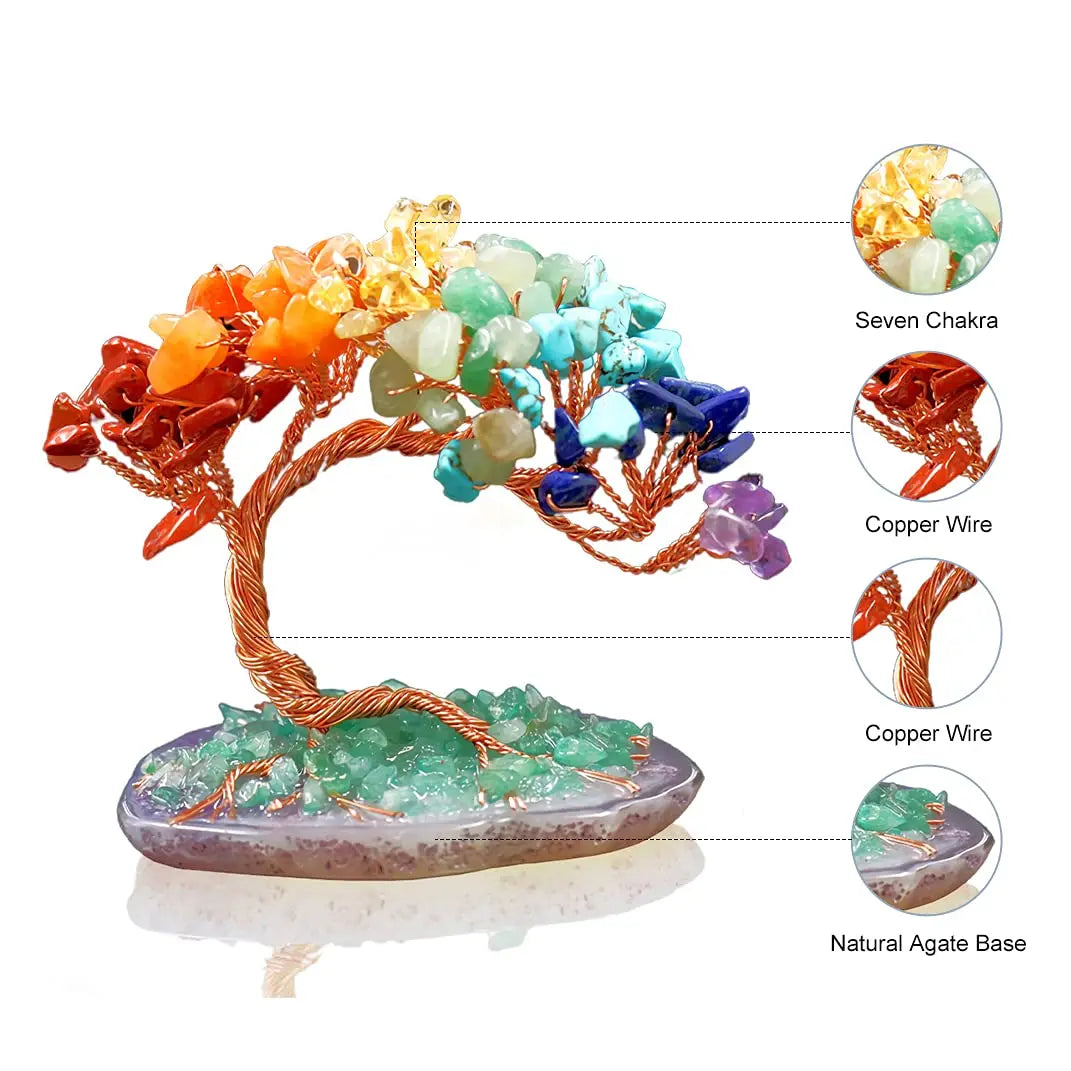 1pc Natural colorful crystal crushed stone Fengtail tree crystal agate piece base copper wire winding fortune tree ornament