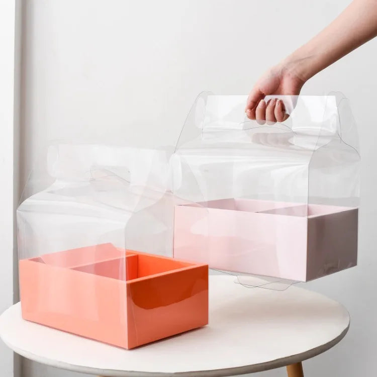 Valentine's Day Flower Cake Gift Box Pink PVC Transparent Hand-held Integrated Cake Box Baking Packaging Gift Fruit Flower Boxes