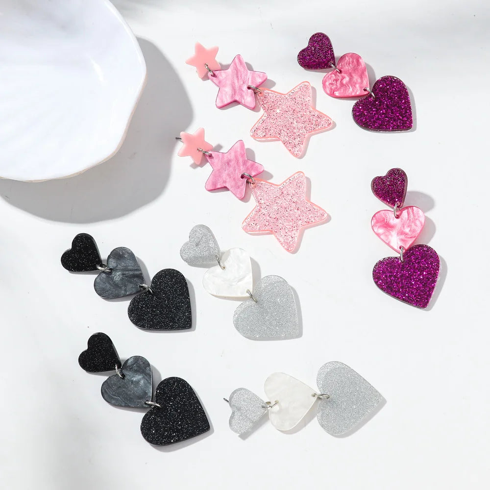 New Glitter Love Heart Acrylic Splicing Earrings Women Sweet Statement Peach Drop Earring Romantic Jewelry Valentine's Day Gifts