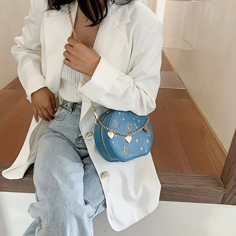 Mini Embroidered Round Bag, Chain Heart Decor Crossbody Bag, Star Moon Pattern Circle Purse Valentine's Day gift