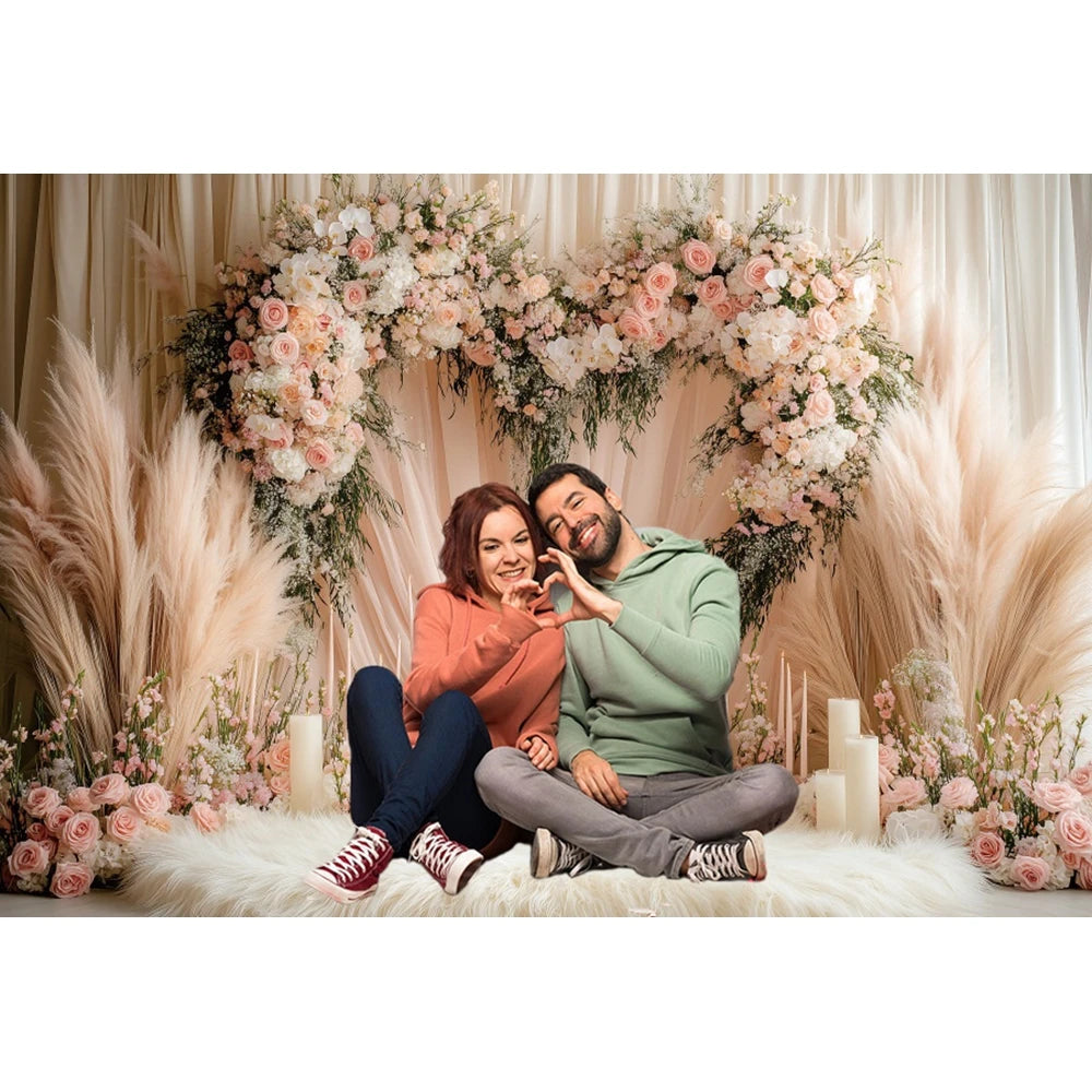 Valentine's Day Photography Backdrop Flowers Love Heart Boho Pampas Curtain Couple Portrait Wedding Photo Background Photostudio