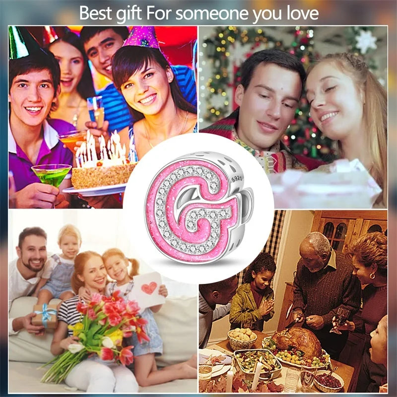 Hot Sale 925 Sterling Silver Pink 26 Letters Valentine's Day Gift Beads Suitable For Pan 925 Original Bracelet Diy Birthday