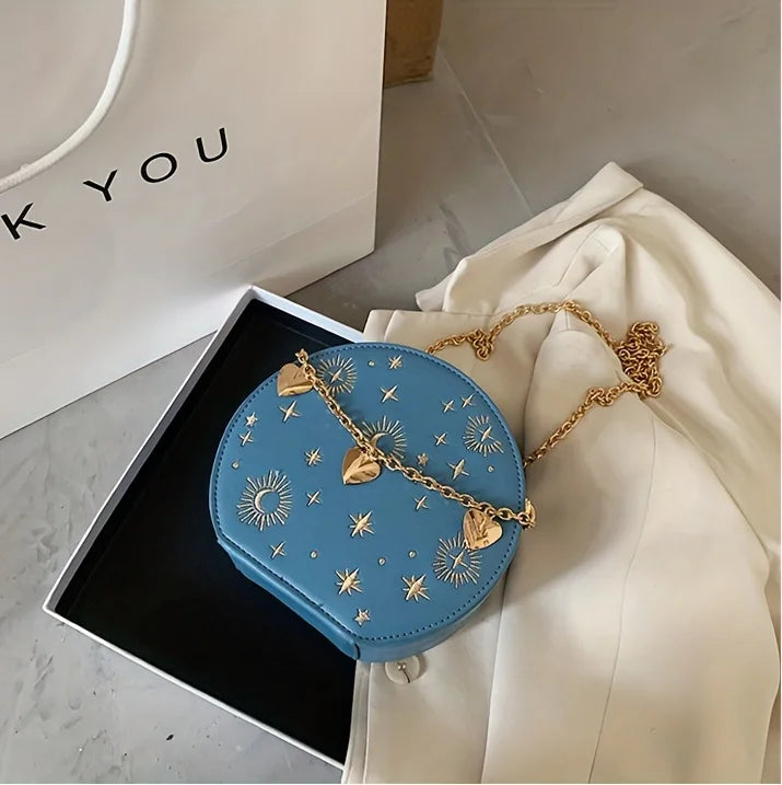 Mini Embroidered Round Bag, Chain Heart Decor Crossbody Bag, Star Moon Pattern Circle Purse Valentine's Day gift