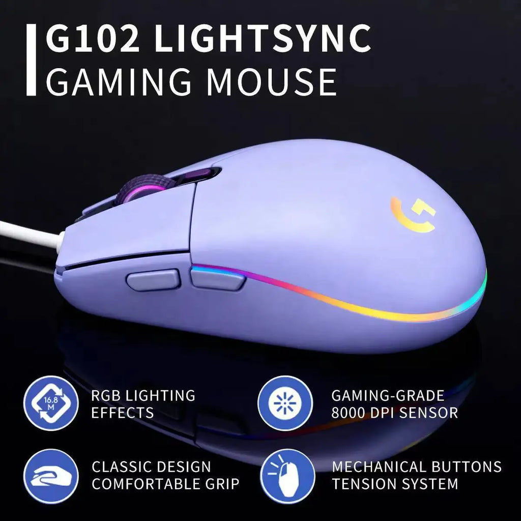 Logitech G102 Wired Mouse for Gamers, 8000 DPI Precision Sensor, 6 Macro Buttons, RGB Light, 10M Click Durability