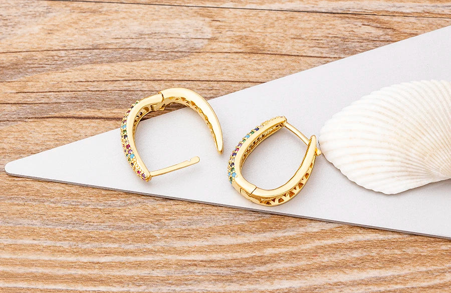 Nidin Creative U Shape Design 3 Colors Fashion Cubic Zirconia Hoop Earrings Crystal Ear Buckle Jewelry for Valentine's Day Gift
