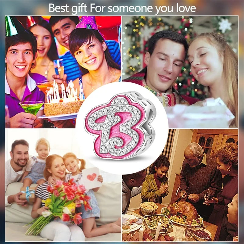 Hot Sale 925 Sterling Silver Pink 26 Letters Valentine's Day Gift Beads Suitable For Pan 925 Original Bracelet Diy Birthday