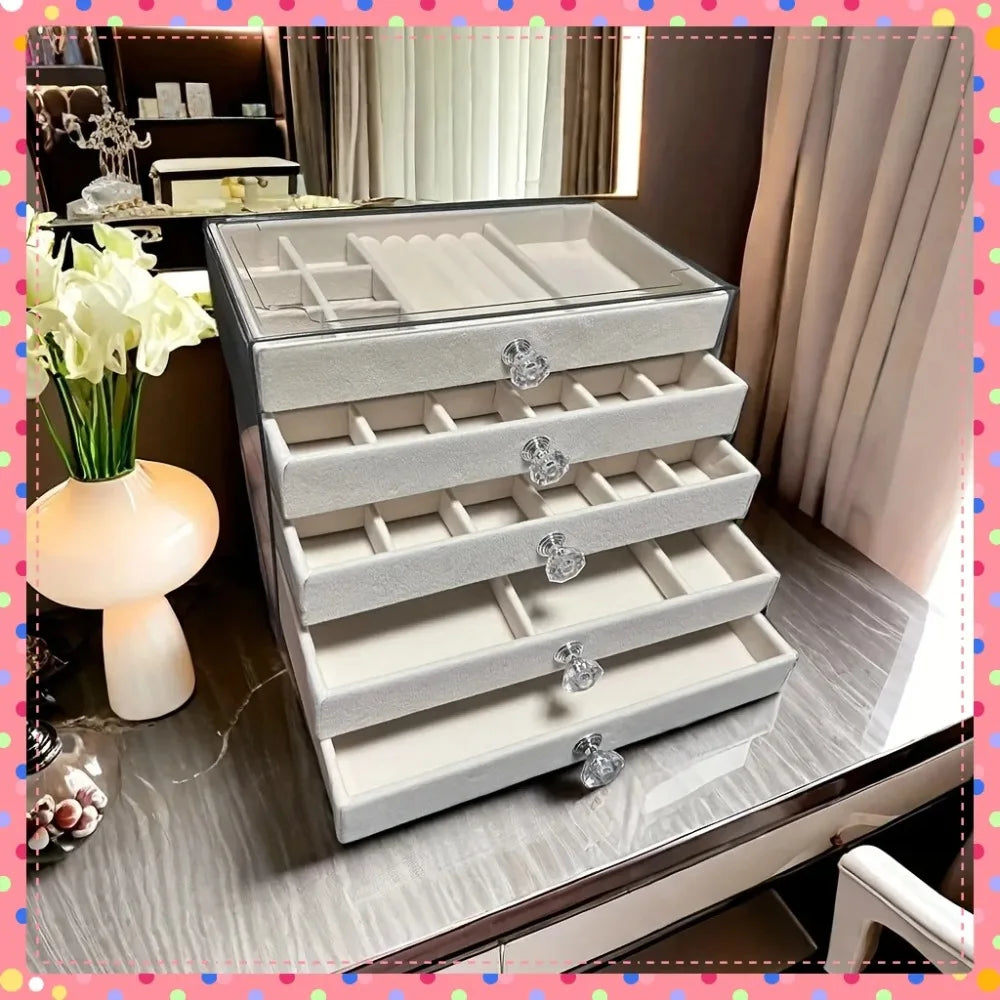 New upgrades 5 Layers of Velvet Jewellery Organiser Drawer Velvet Jewelry Box Earrings Bracelet Organizer Jewelry Display Box