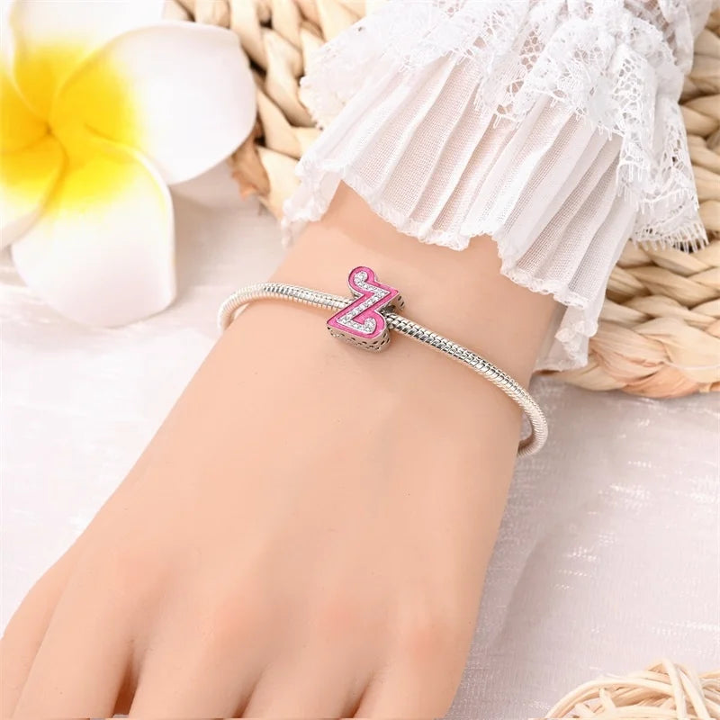 Hot Sale 925 Sterling Silver Pink 26 Letters Valentine's Day Gift Beads Suitable For Pan 925 Original Bracelet Diy Birthday