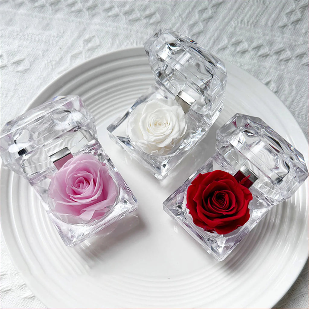 Preserved Rose In Crystal Box Realistic Flower Gift Valentine's Day Anniversary Romantic Decor Present Her Birthday Surprise
