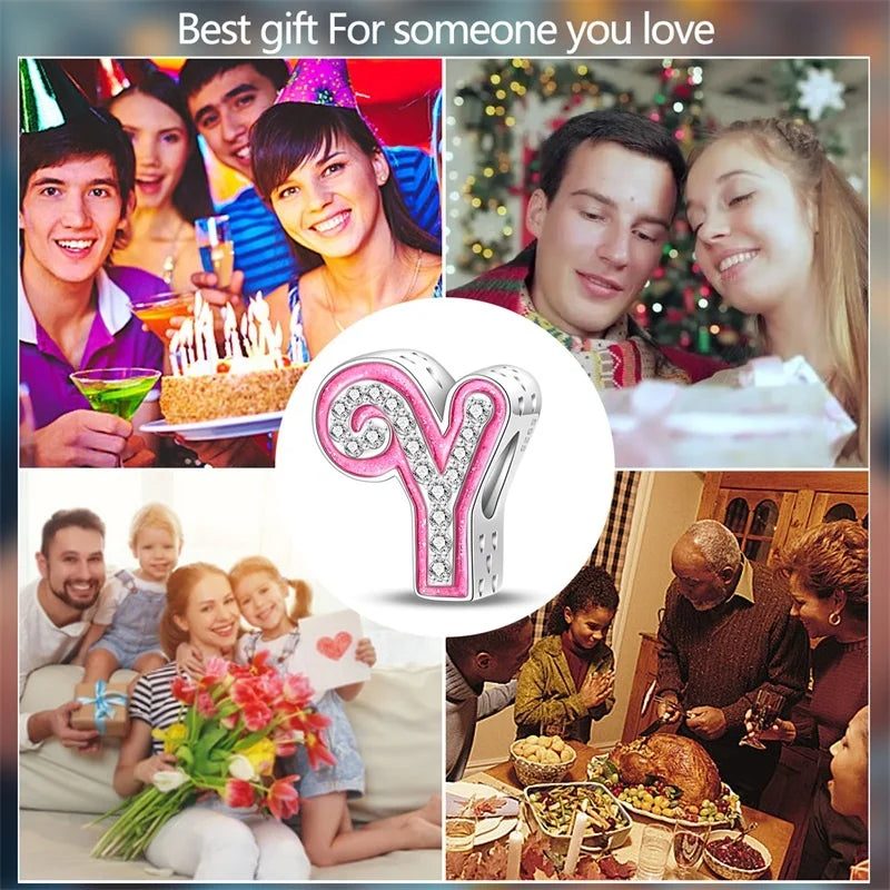 Hot Sale 925 Sterling Silver Pink 26 Letters Valentine's Day Gift Beads Suitable For Pan 925 Original Bracelet Diy Birthday