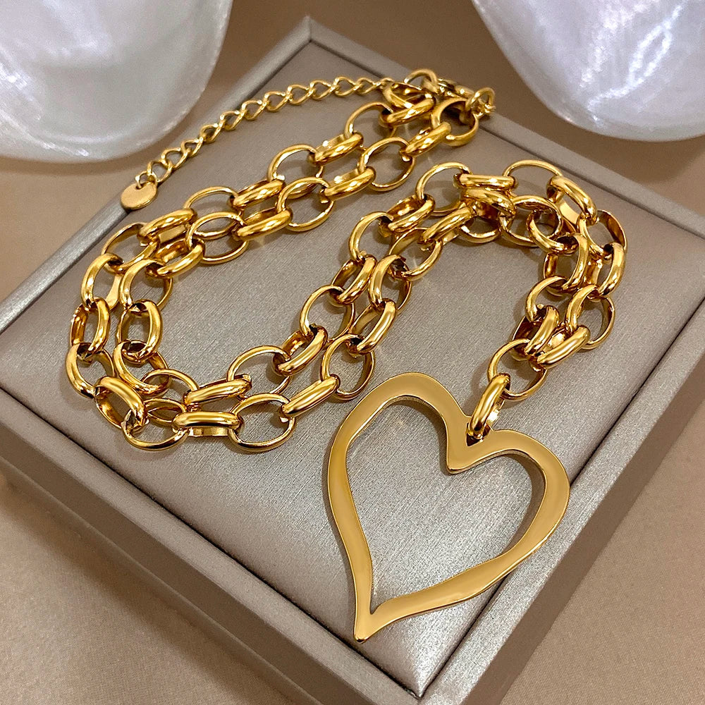 316L Stainless Steel Gold Silver Color Necklace for Women Glossy Punk Big Hollow Heart Pendant Necklaces Valentine's Day Gifts