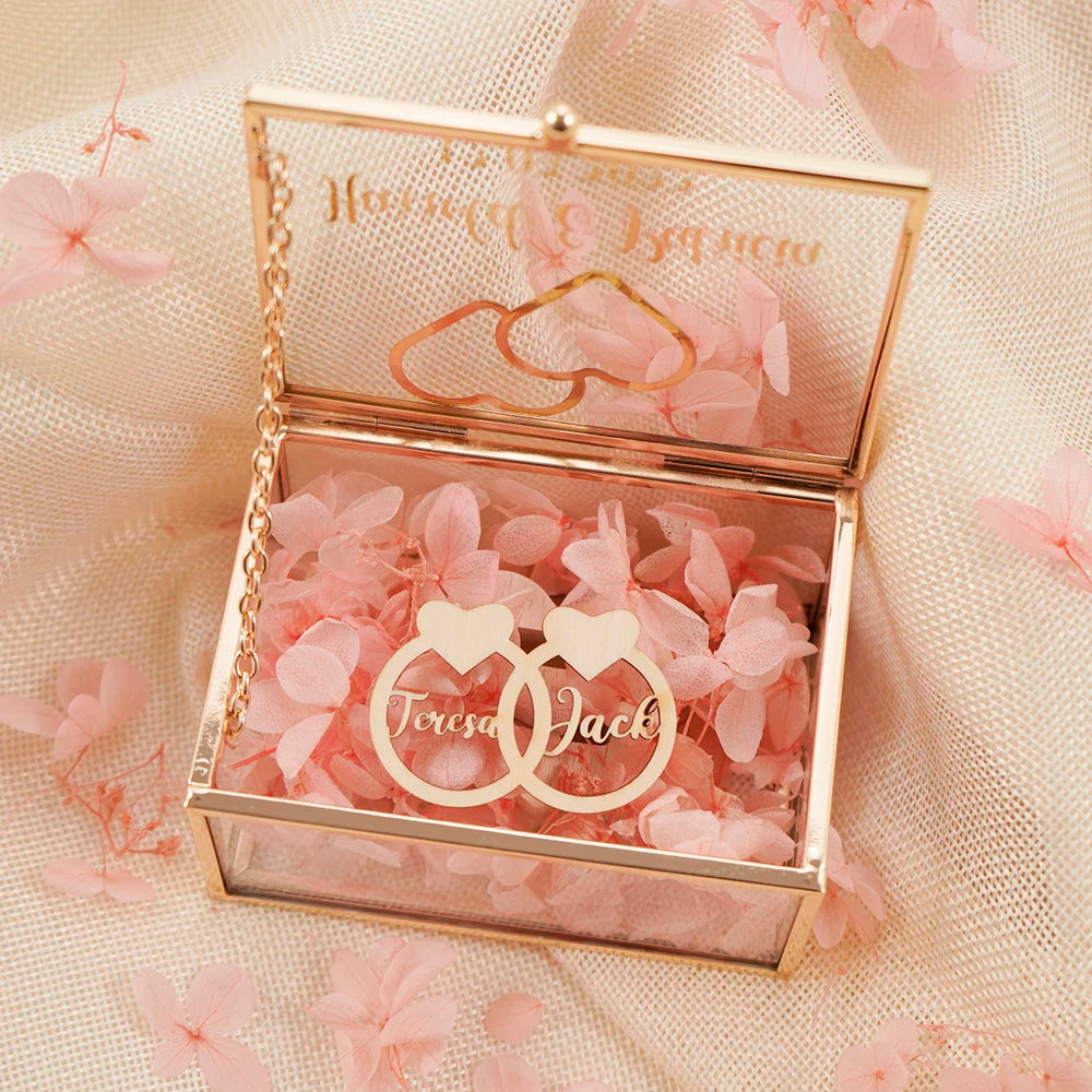Personalized Rectangle Glass Jewelry Box, Wedding Ring Box, Double Slot, Valentine's Day, Proposal, Engagement, Gift