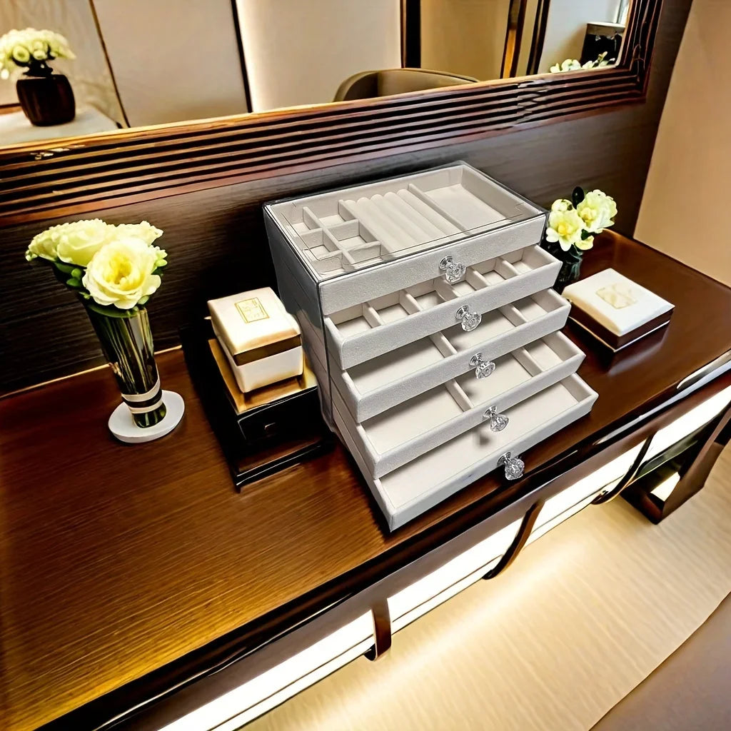 New upgrades 5 Layers of Velvet Jewellery Organiser Drawer Velvet Jewelry Box Earrings Bracelet Organizer Jewelry Display Box