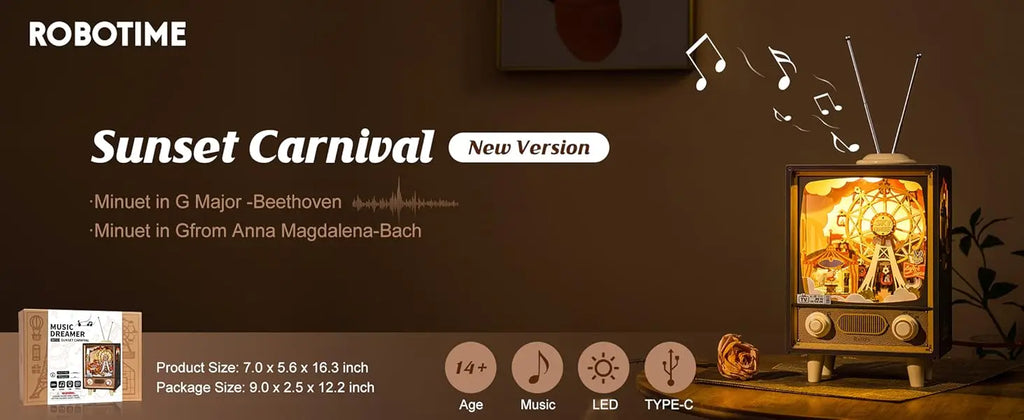 Robotime Rolife Music Box Sunset Carnival with Light 3D Wooden Puzzle  Kits Toys for Children Kids Birthday Gifts AMT01