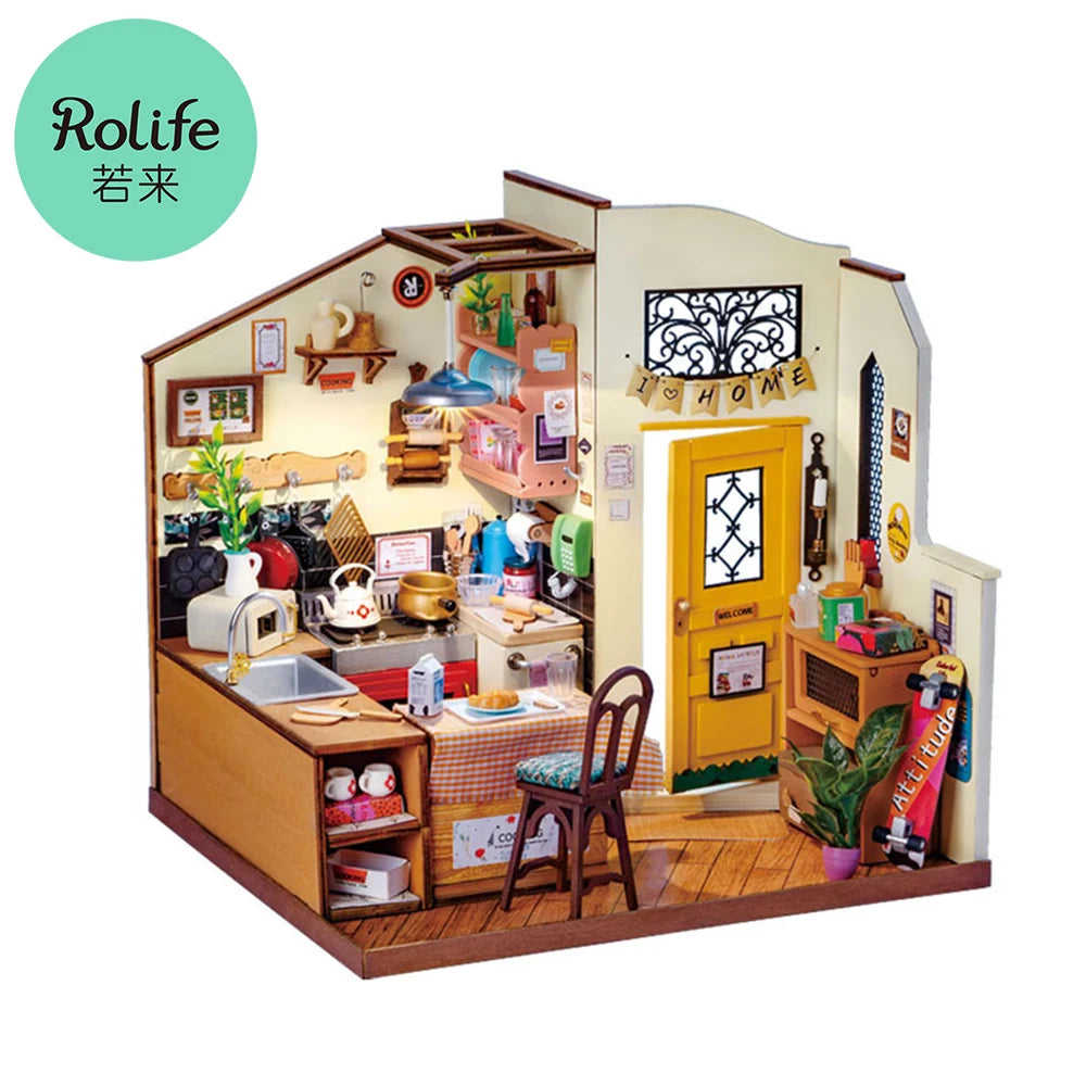 Rolife DIY Mini Dollhouse Model Kits Homey Kitchen DIY Dollhouse Kids Miniature Fantasy Doll House Wooden Kit Toy