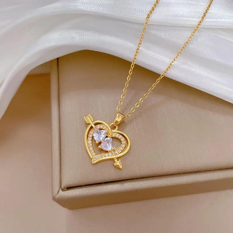 Trendy Heart Butterfly Stainless Steel Pendant Necklaces For Women Girls Mother Gold Color Metal Crystal Jewelry Party Birthday