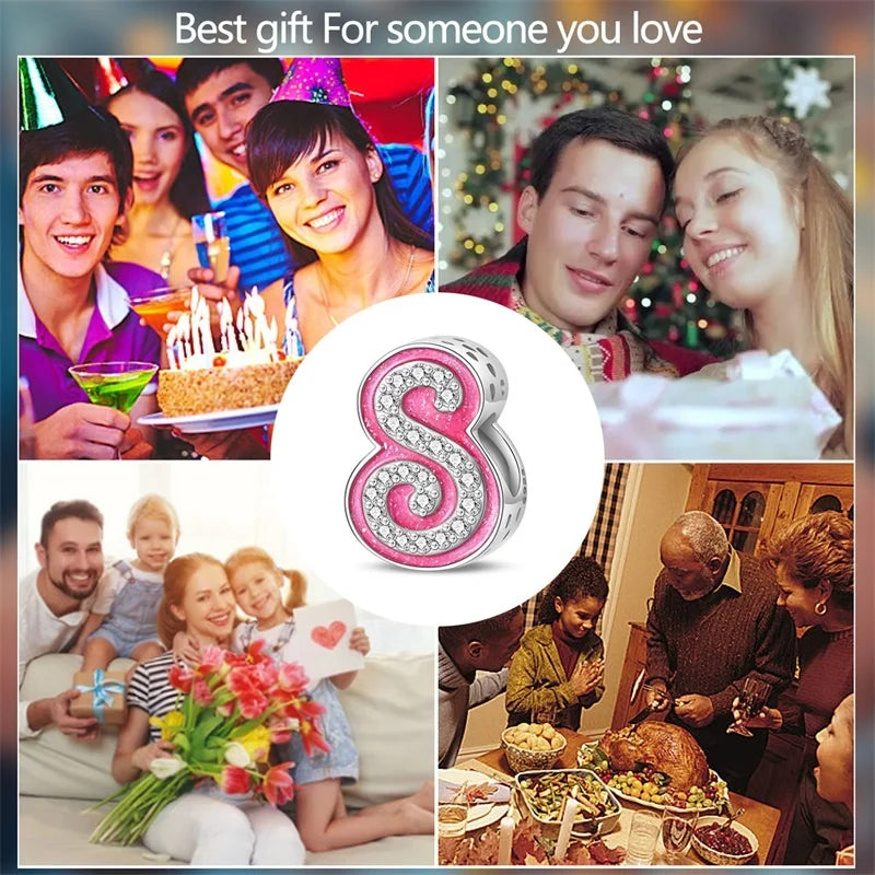 Hot Sale 925 Sterling Silver Pink 26 Letters Valentine's Day Gift Beads Suitable For Pan 925 Original Bracelet Diy Birthday