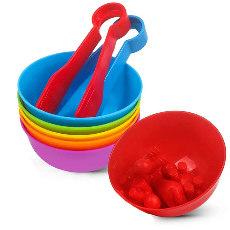 6 Plastic Bowls with 2 Tweezers Rainbow Color Sorting Fine Motor Skill Learning Activities Toys Gift for Toddlers Kid
