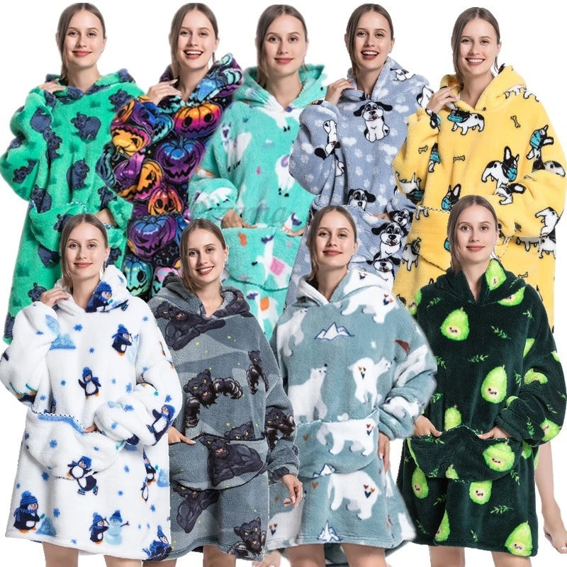 Oversize Winter Sherpa Blanket Plush Polar Fleece Family Matching Hoodie Girl Sweatshirt Homewear Avocado Animal Print Outwear